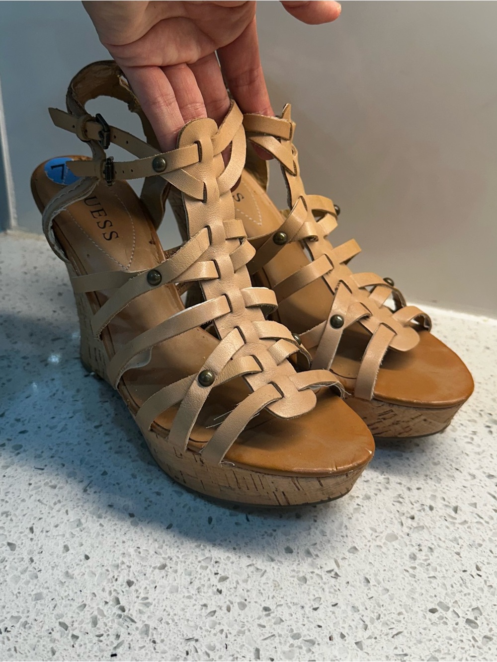 Guess Beige/Tan Strappy Wedge Sandals